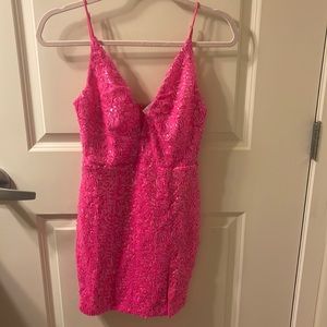 Lucy in the Sky Charlene Sequin Body Con Dress in Hot Pink